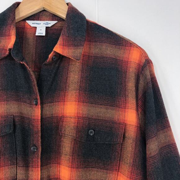 Old Navy Boyfriend Shirt Flannel Swiftie Evermore Size Medium Orange Black Plaid - Picture 2 of 16